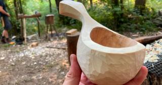 Kuksa roughed out with axe, gouge and knife in the woodland workshop